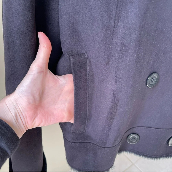 Ralph Lauren Label Black Plush Jacket faux Shearling Fur Coat Button Up size M - Picture 3 of 12